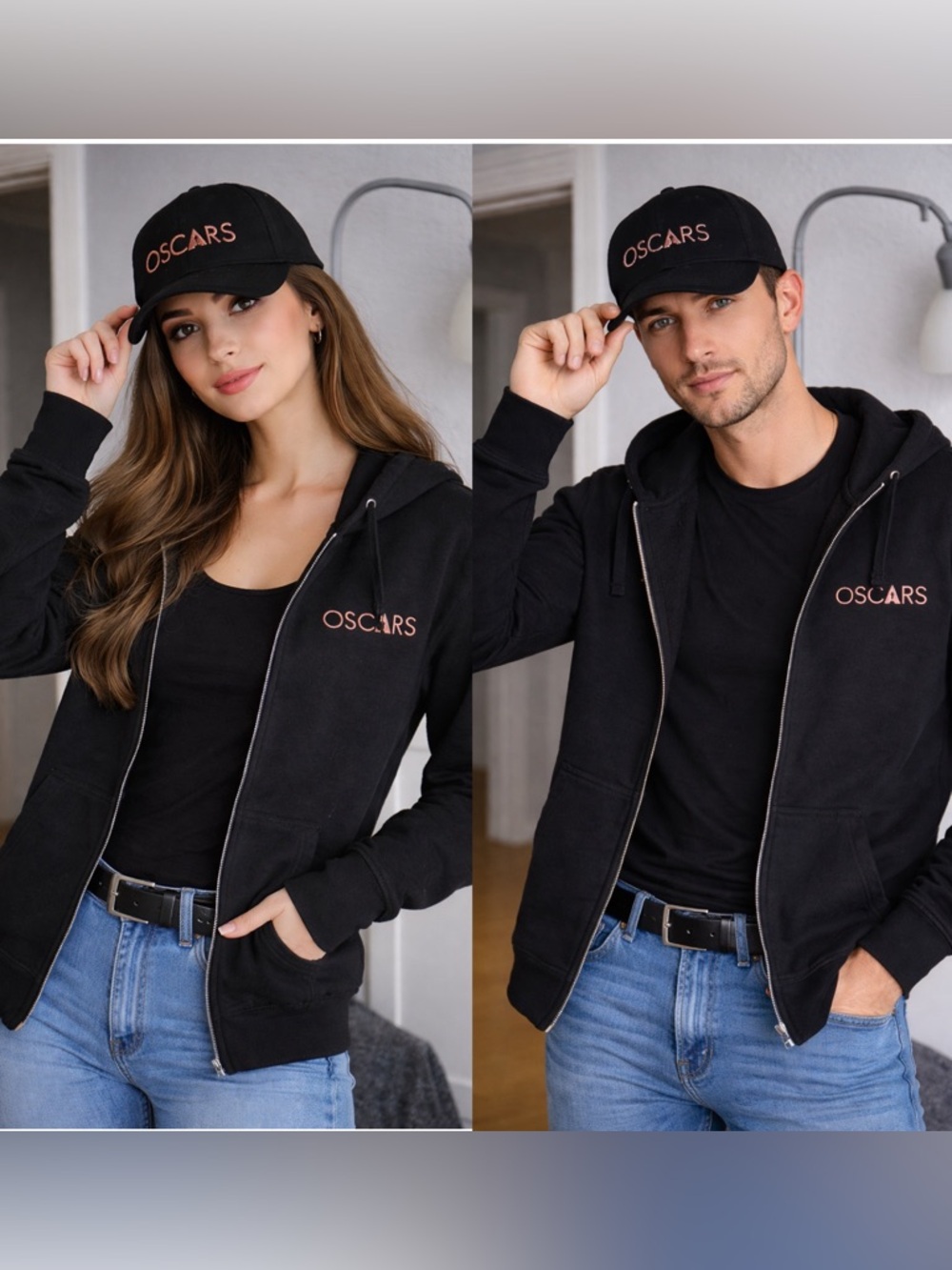 NEW UNISEX SET‎ Black Zip Fleece Hoodie Pullover/Black Cap Adjustable Strap